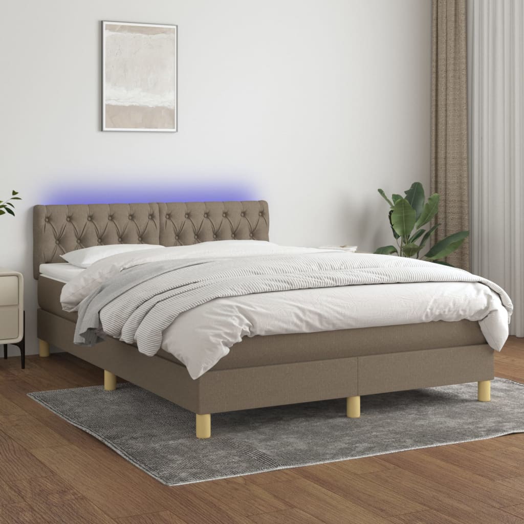 Krevet box spring s madracem LED smeđesivi 140x190 cm tkanina