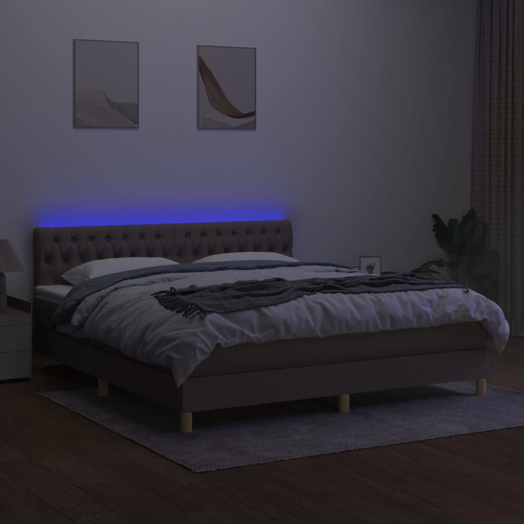 Krevet box spring s madracem LED smeđesivi 160x200 cm tkanina