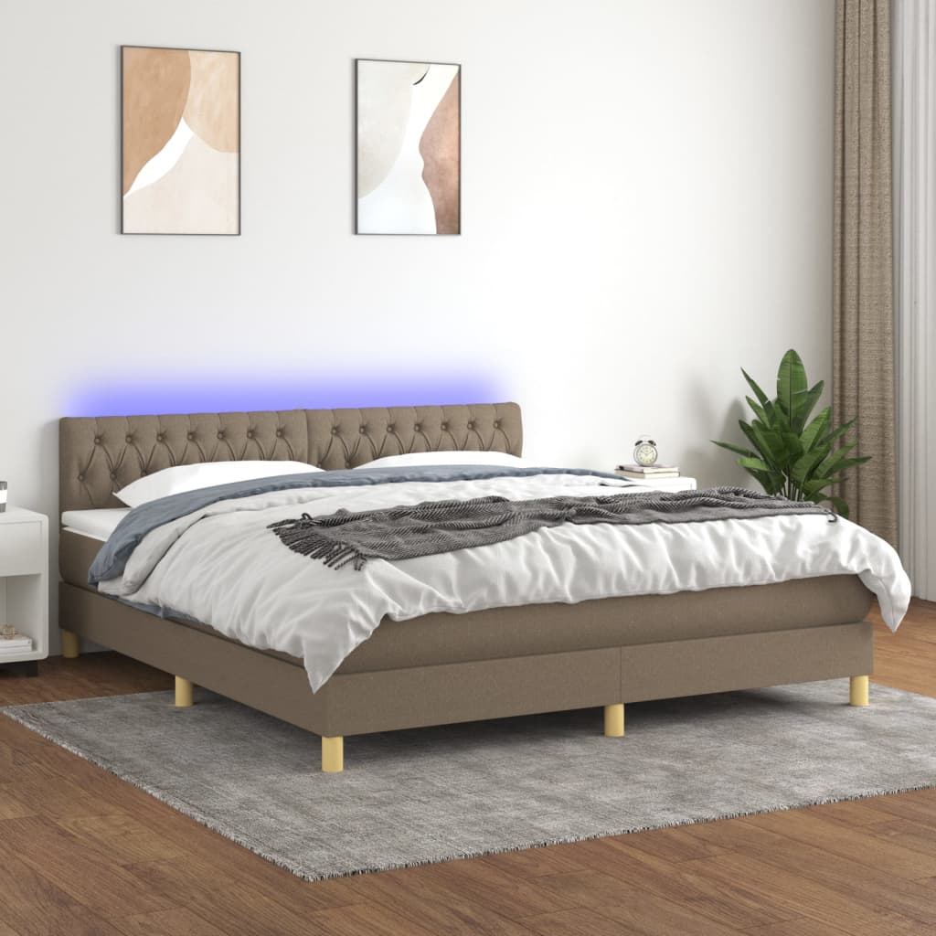 Krevet box spring s madracem LED smeđesivi 160x200 cm tkanina