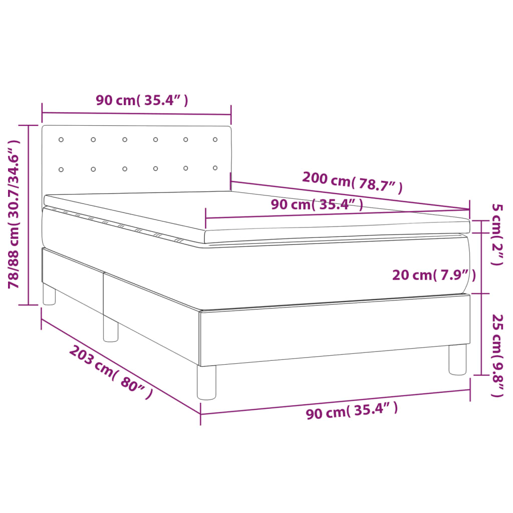 Krevet box spring s madracem LED krem 90x200 cm od tkanine