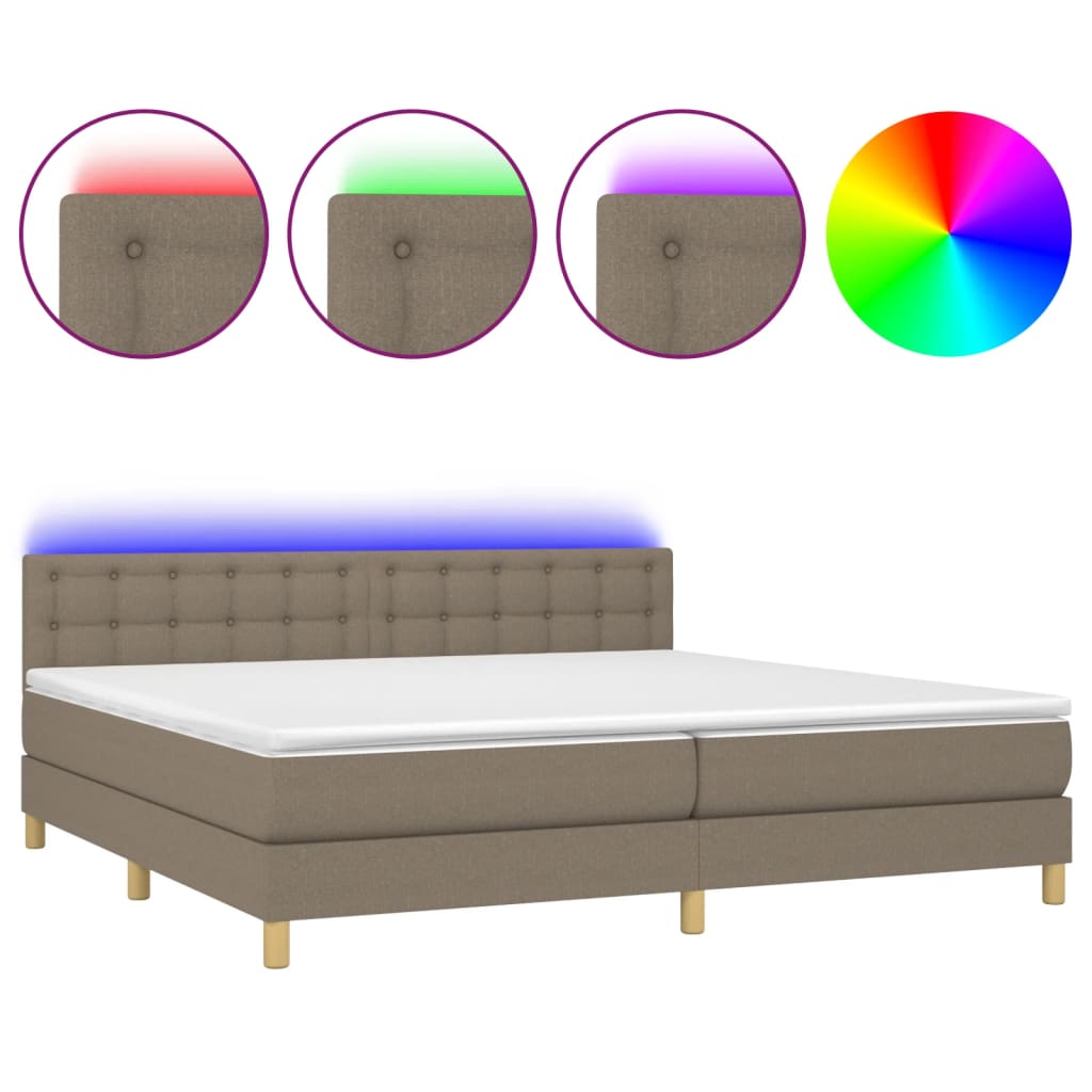 Krevet box spring s madracem LED smeđesivi 200x200 cm tkanina