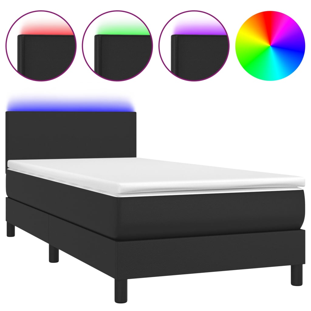 Krevet box spring s madracem LED crni 90x190 cm od umjetne kože