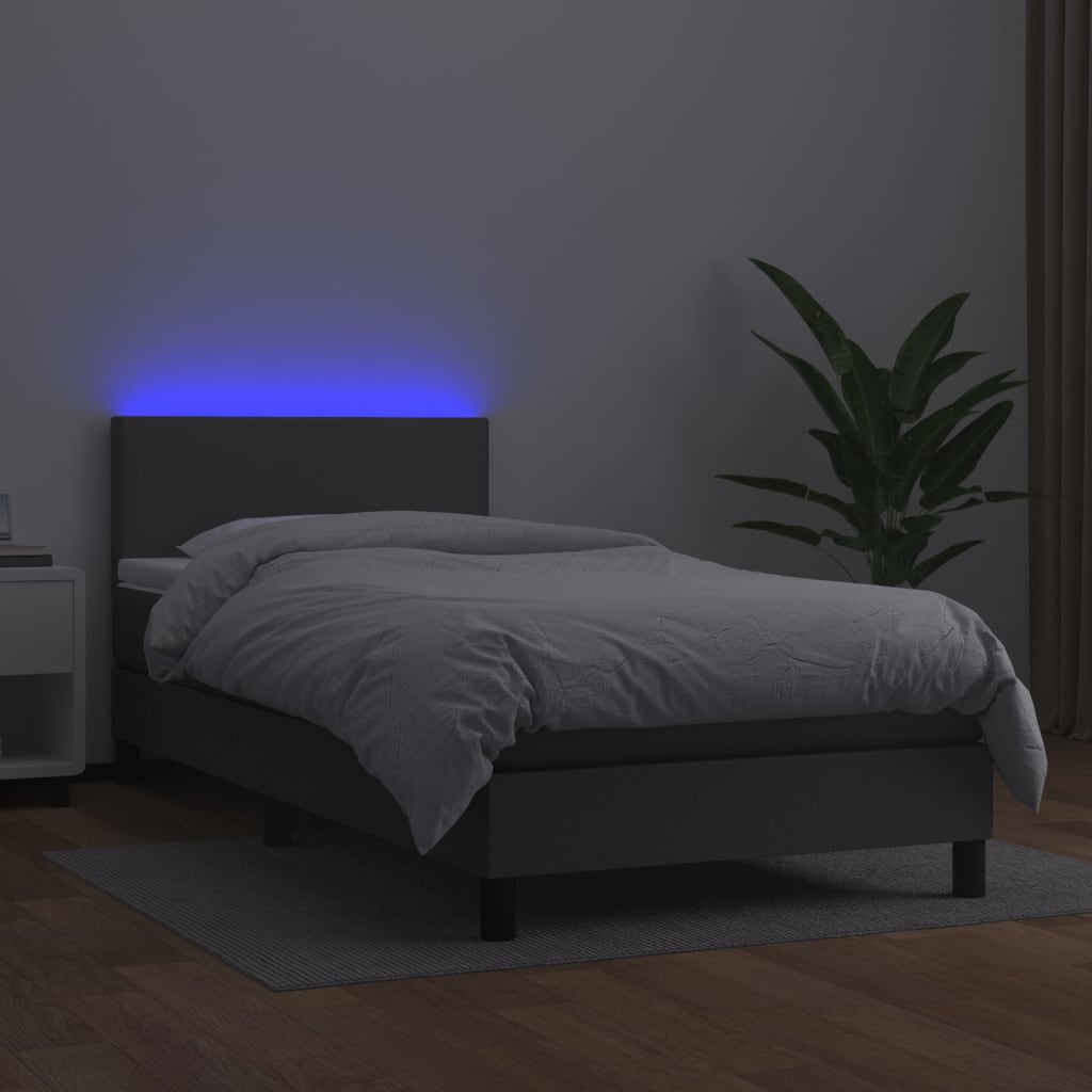 Krevet box spring s madracem LED sivi 90x190 cm od umjetne kože