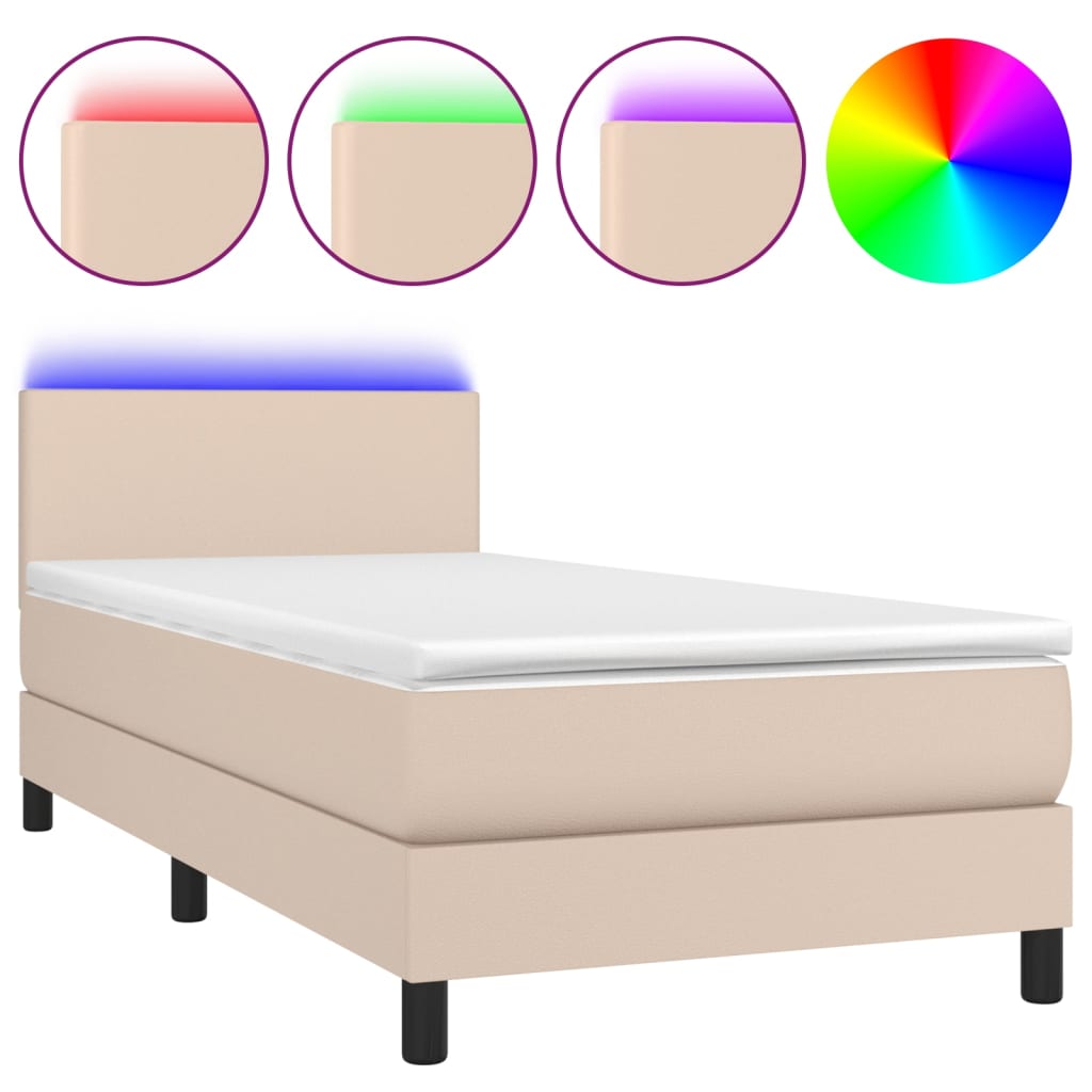 Krevet box spring madrac LED cappuccino 90x190cm umjetna koža