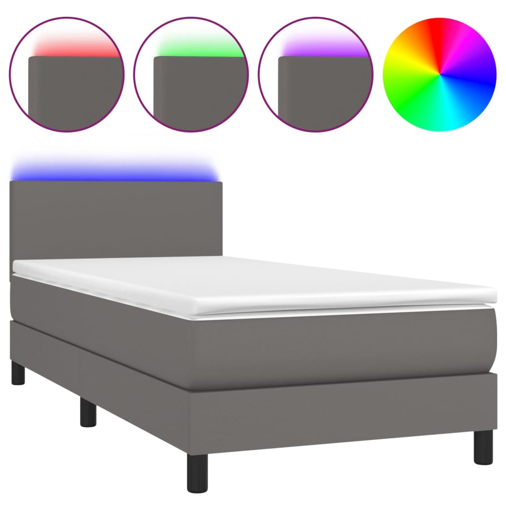 Krevet box spring s madracem LED sivi 90x200 cm od umjetne kože