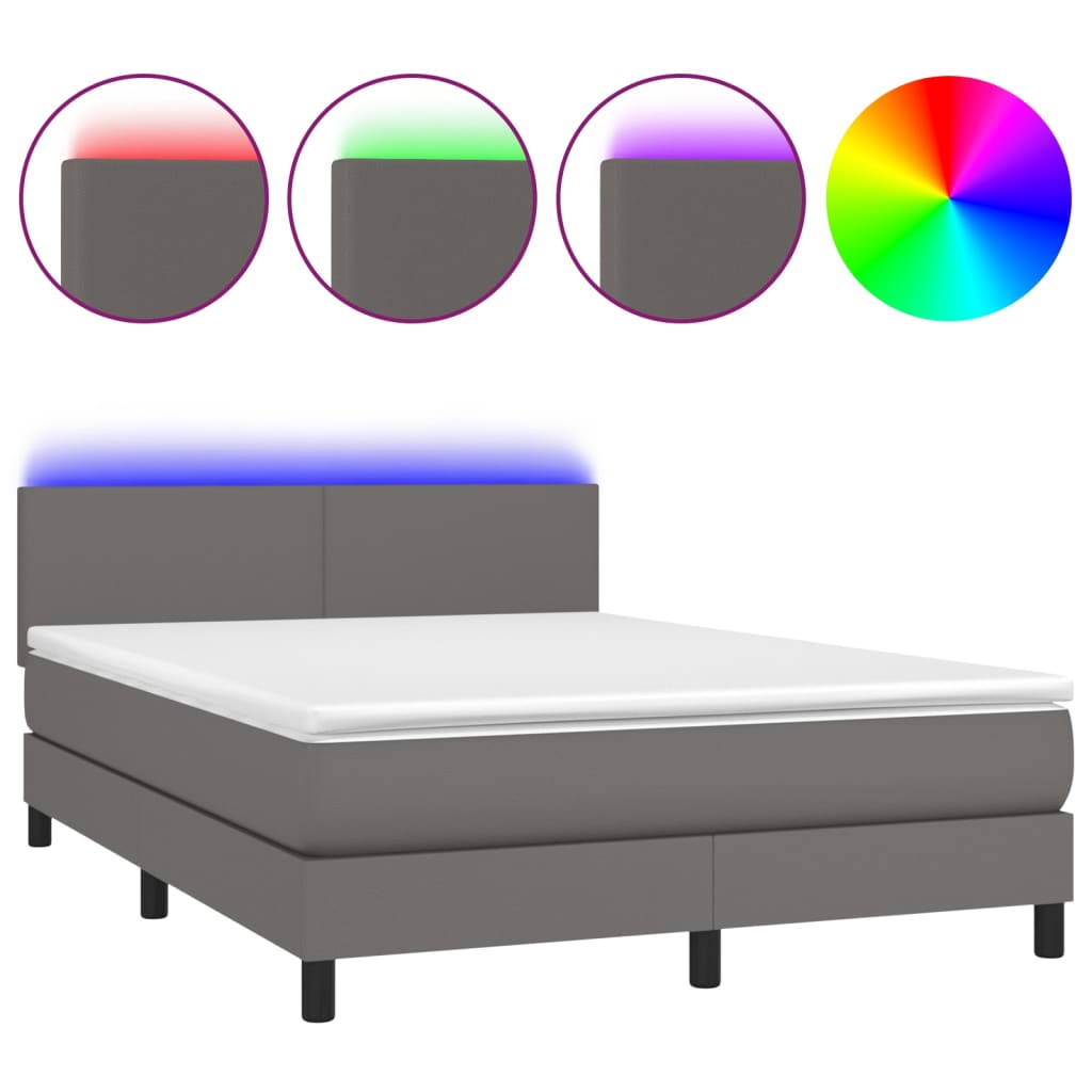 Krevet box spring s madracem LED sivi 140x190cm od umjetne kože