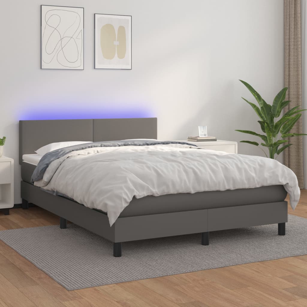 Krevet box spring s madracem LED sivi 140x190cm od umjetne kože