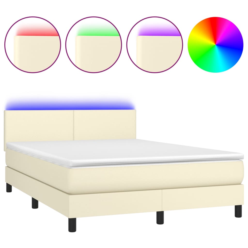 Krevet box spring s madracem LED krem 140x200cm od umjetne kože
