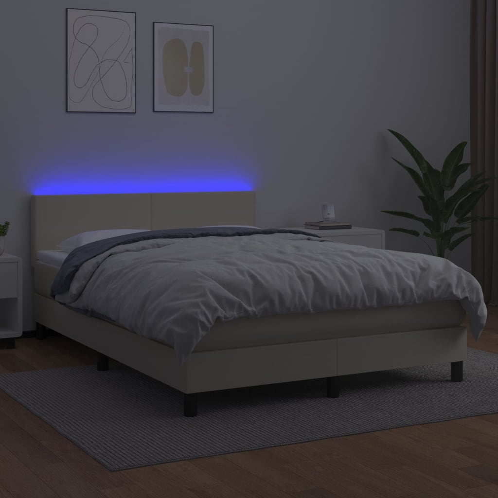 Krevet box spring s madracem LED krem 140x200cm od umjetne kože