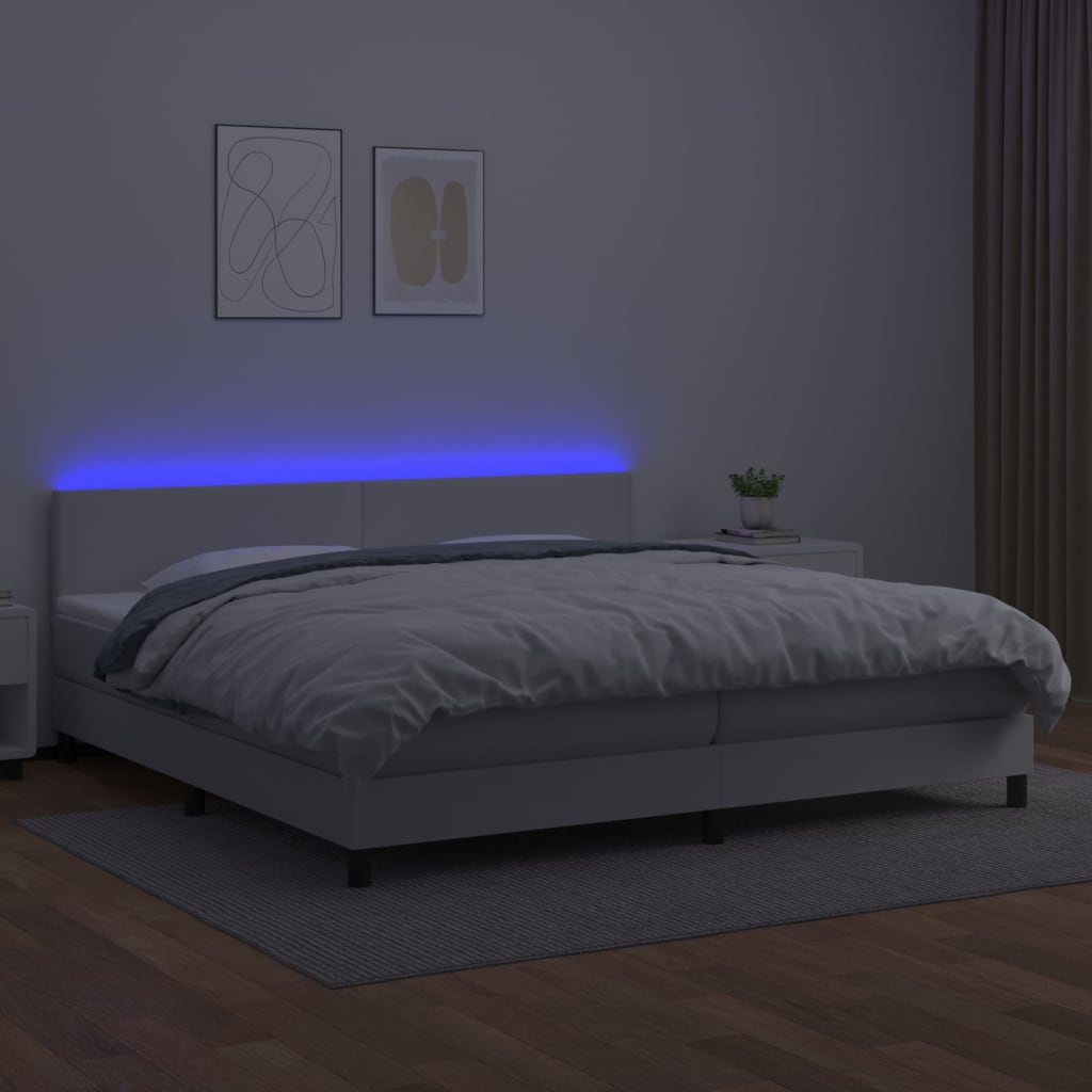 Krevet box spring s madracem LED bijeli 200x200 cm umjetna koža