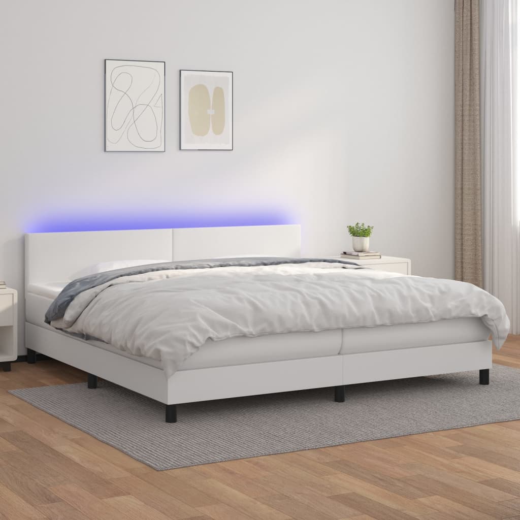 Krevet box spring s madracem LED bijeli 200x200 cm umjetna koža