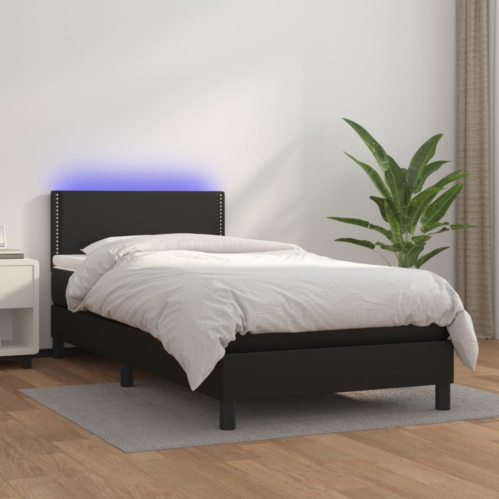 Krevet box spring s madracem LED crni 100x200cm od umjetne kože