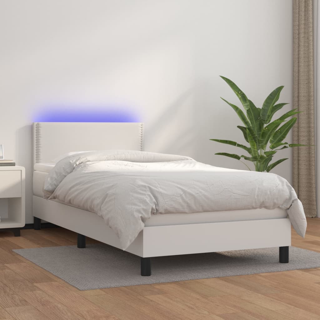 Krevet box spring s madracem LED bijeli 100x200 cm umjetna koža