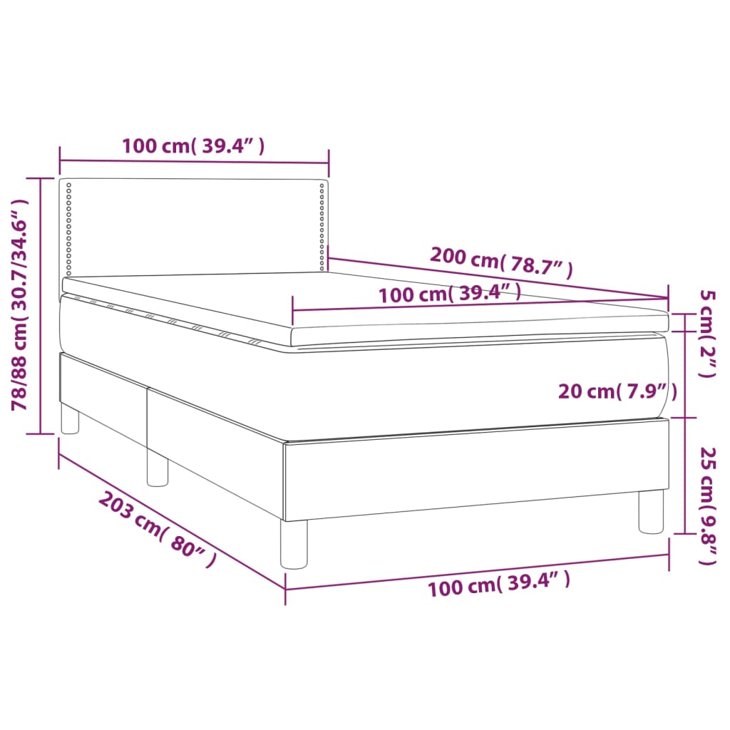 Krevet box spring s madracem LED sivi 100x200cm od umjetne kože
