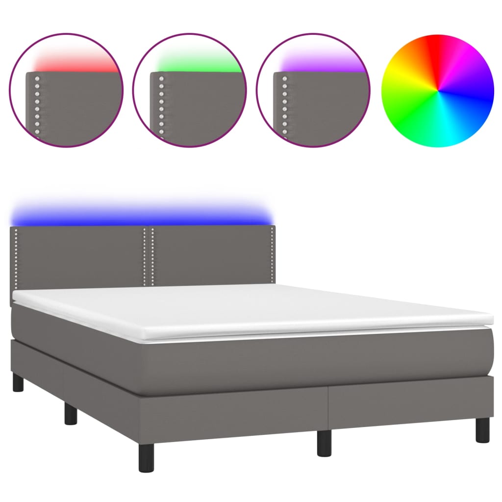 Krevet box spring s madracem LED sivi 140x190cm od umjetne kože