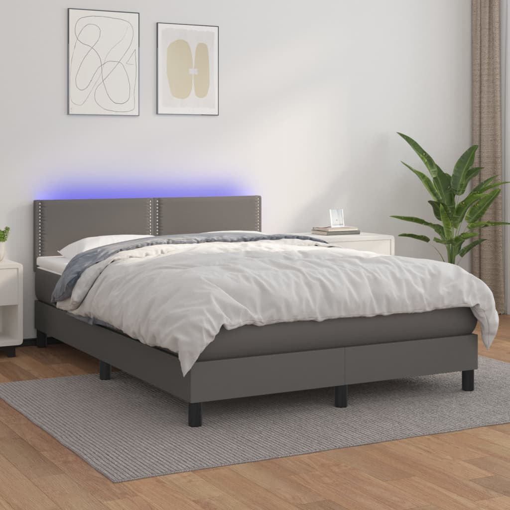 Krevet box spring s madracem LED sivi 140x190cm od umjetne kože