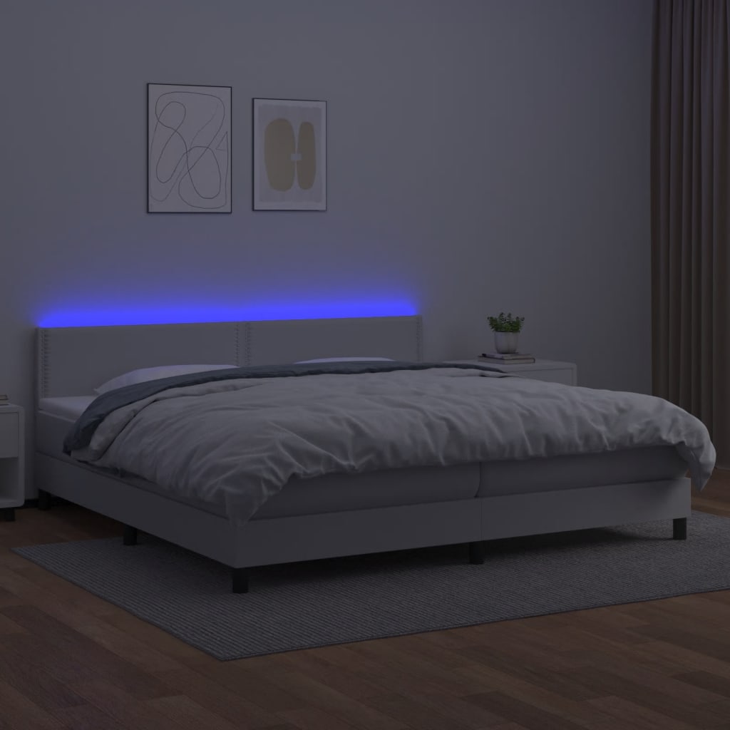 Krevet box spring s madracem LED bijeli 200x200 cm umjetna koža