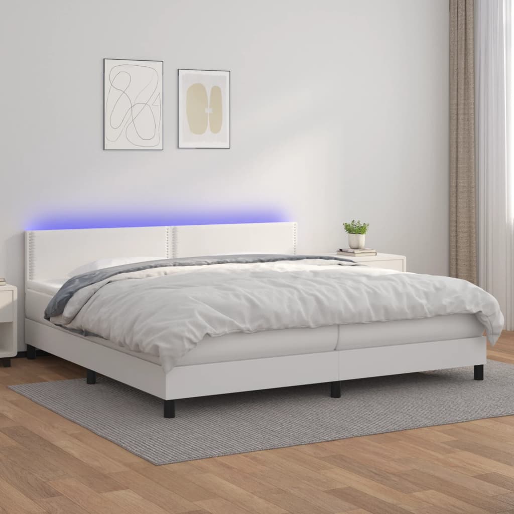 Krevet box spring s madracem LED bijeli 200x200 cm umjetna koža