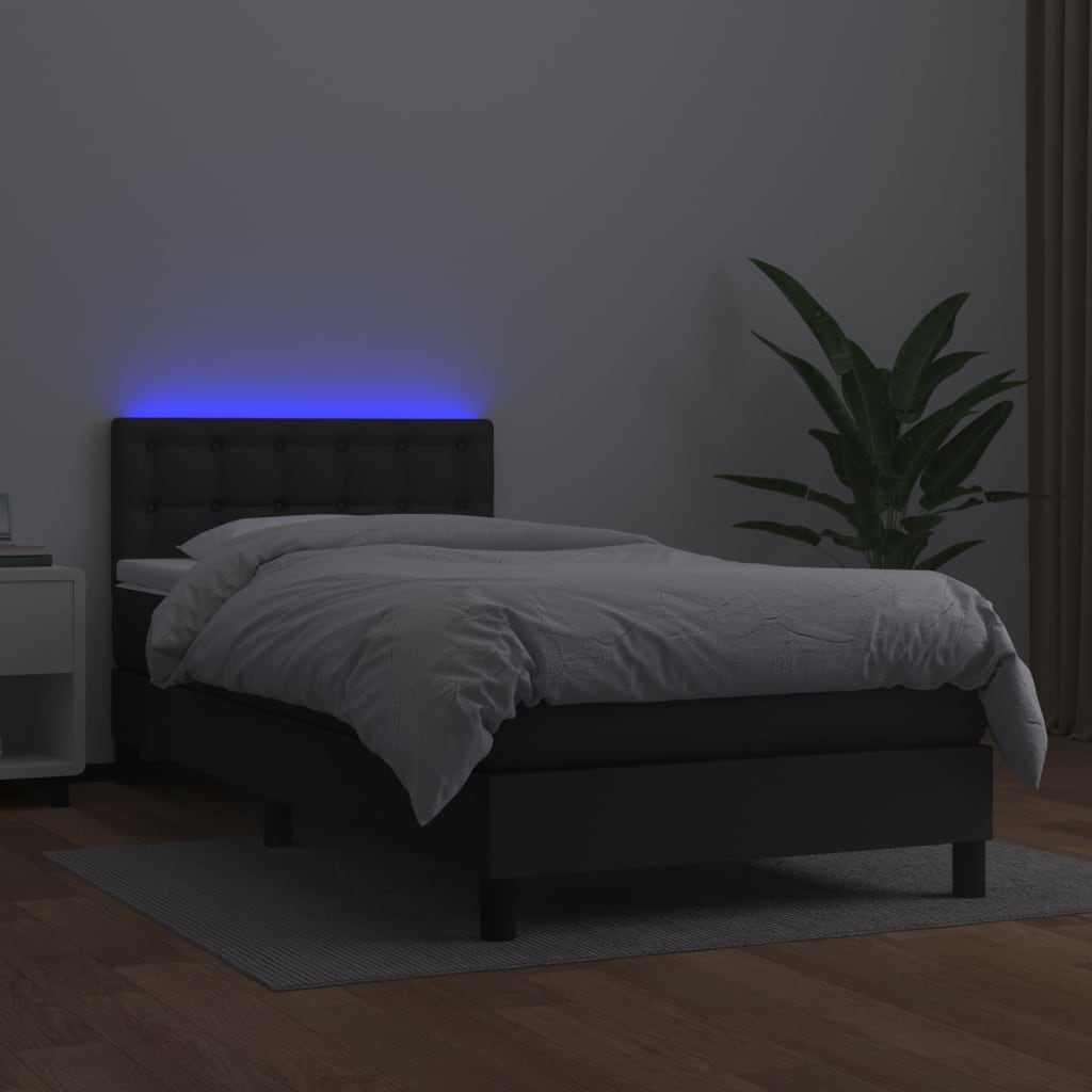 Krevet box spring s madracem LED crni 90x190 cm od umjetne kože
