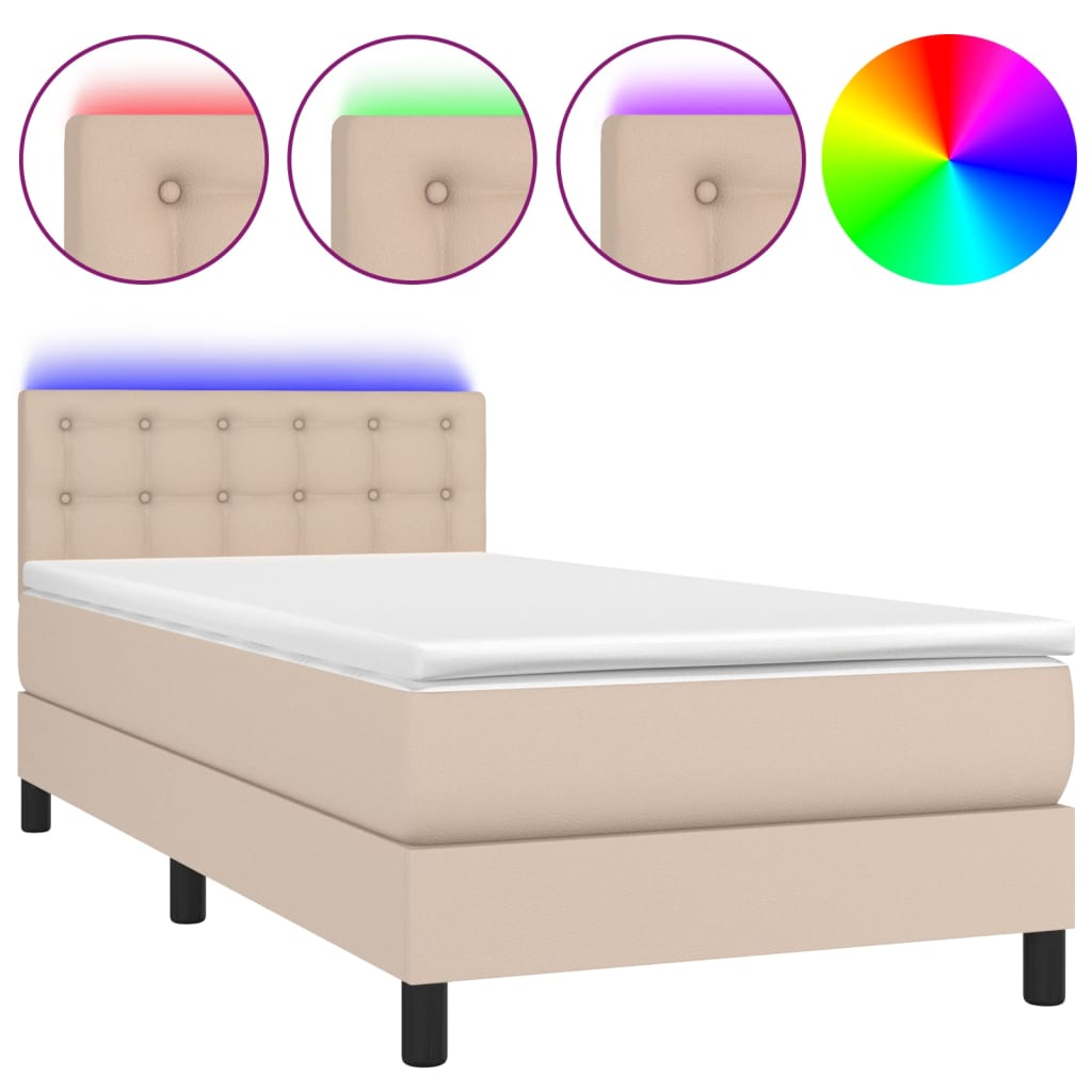 Krevet box spring madrac LED cappuccino 90x190cm umjetna koža