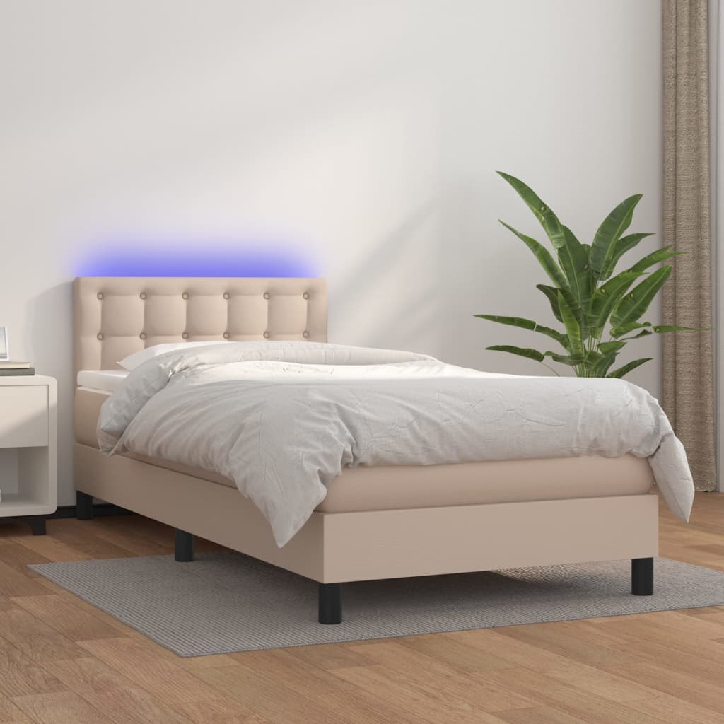 Krevet box spring madrac LED cappuccino 90x190cm umjetna koža