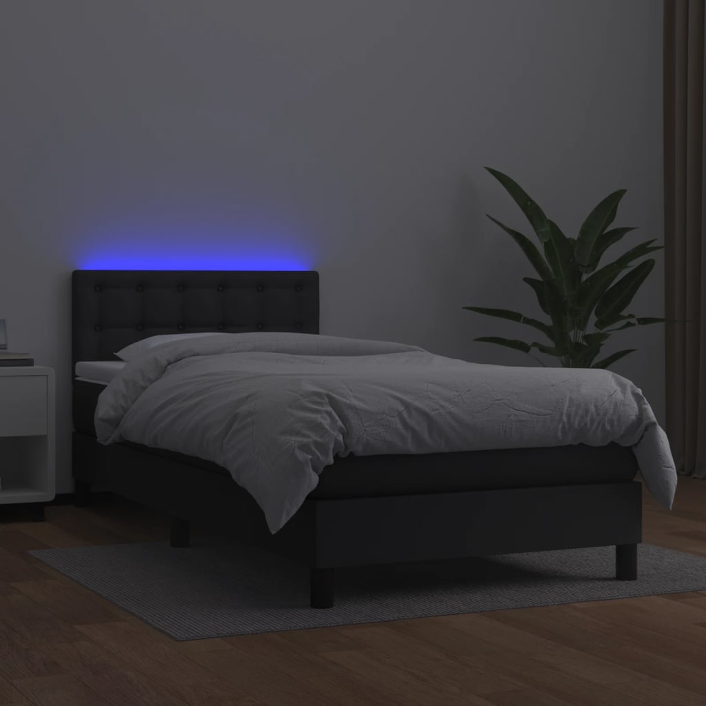 Krevet box spring s madracem LED crni 90x200 cm od umjetne kože