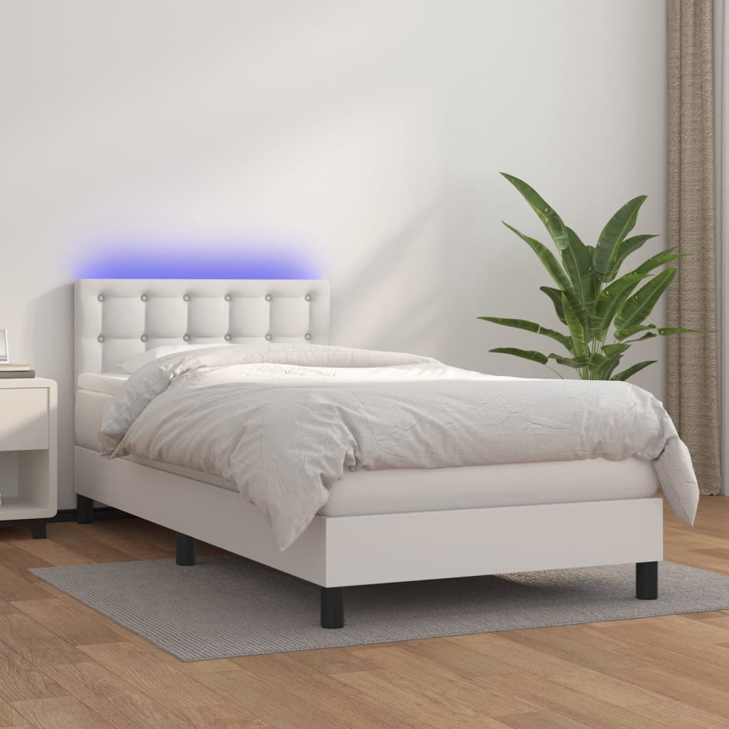Krevet box spring s madracem LED bijeli 90x200 cm umjetna koža