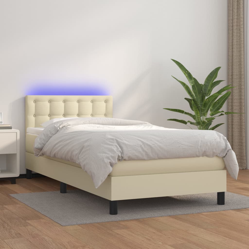 Krevet box spring s madracem LED krem 90x200 cm od umjetne kože