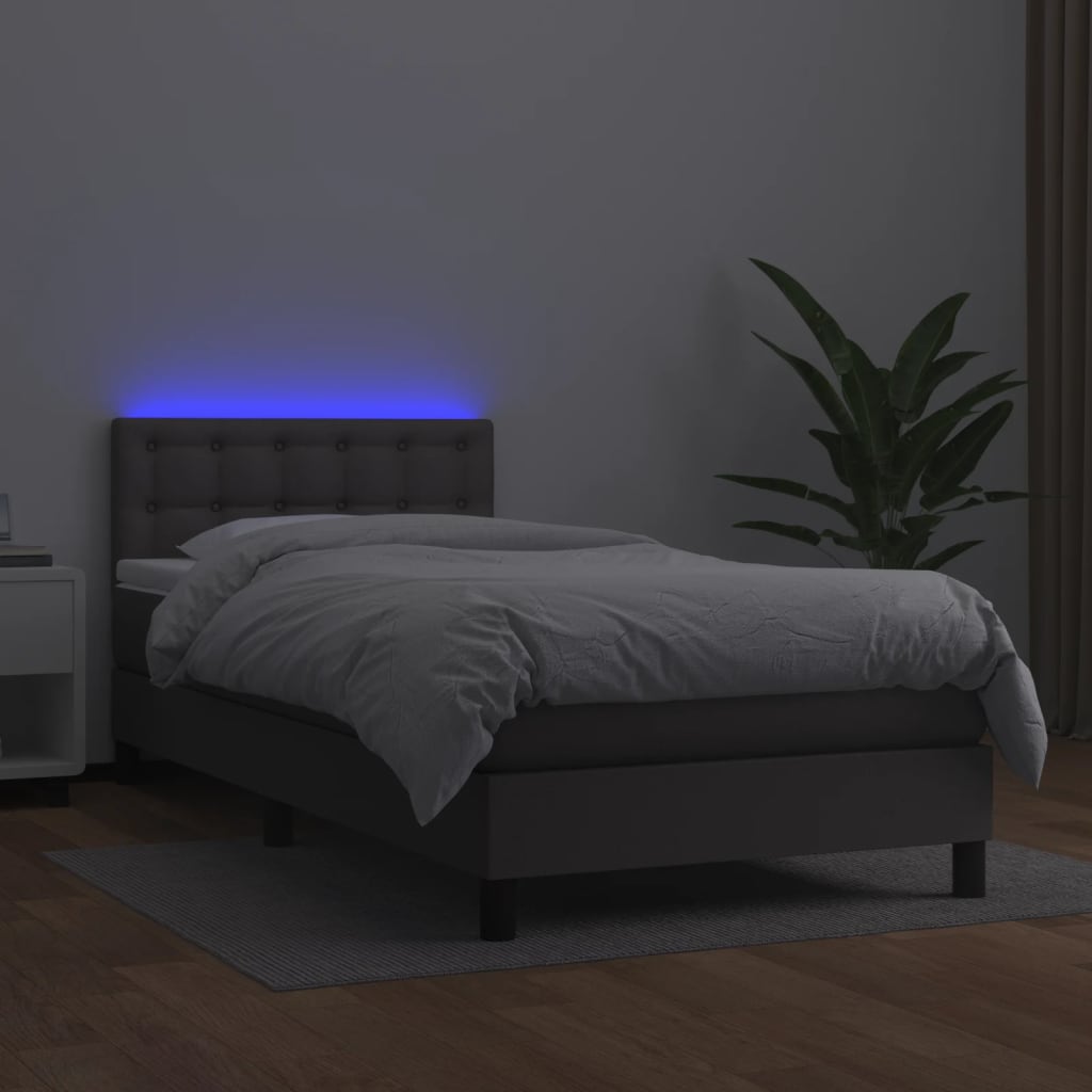 Krevet box spring s madracem LED sivi 90x200 cm od umjetne kože