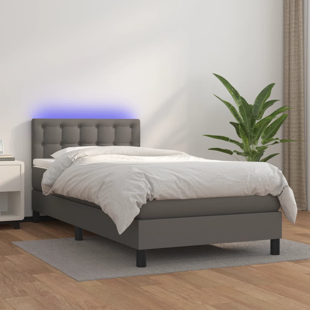 Krevet box spring s madracem LED sivi 90x200 cm od umjetne kože