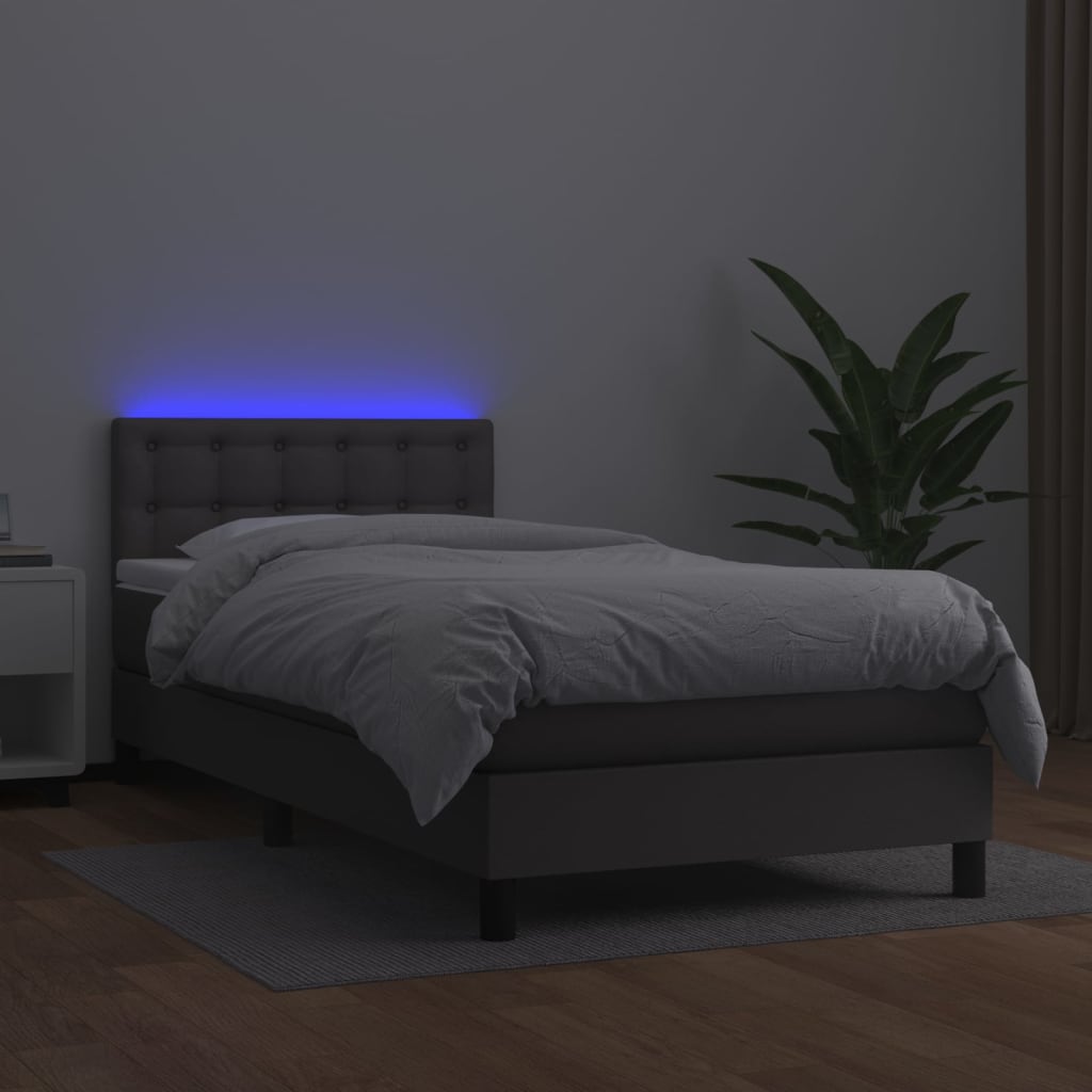 Krevet box spring s madracem LED sivi 100x200cm od umjetne kože