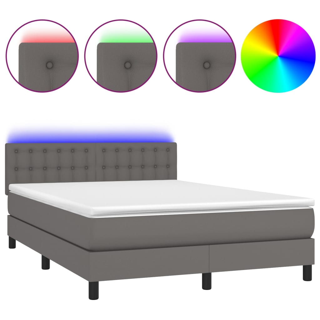Krevet box spring s madracem LED sivi 140x190cm od umjetne kože