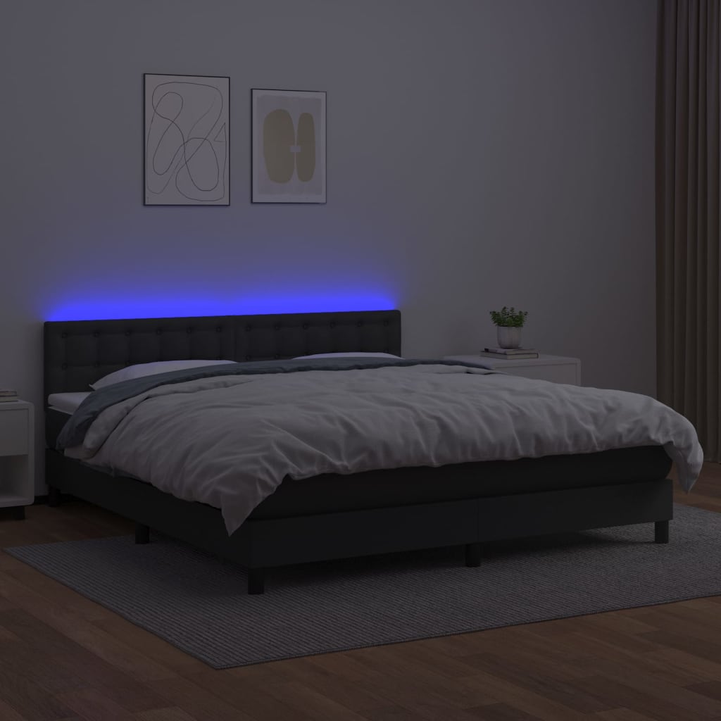Krevet box spring s madracem LED crni 160x200cm od umjetne kože
