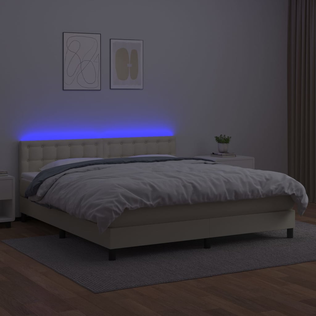 Krevet box spring s madracem LED krem 180x200cm od umjetne kože