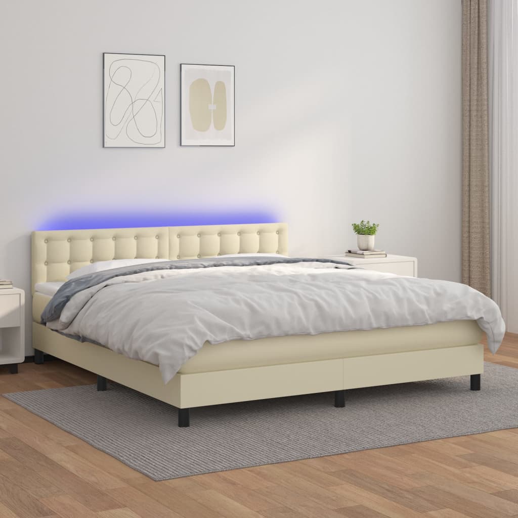 Krevet box spring s madracem LED krem 180x200cm od umjetne kože