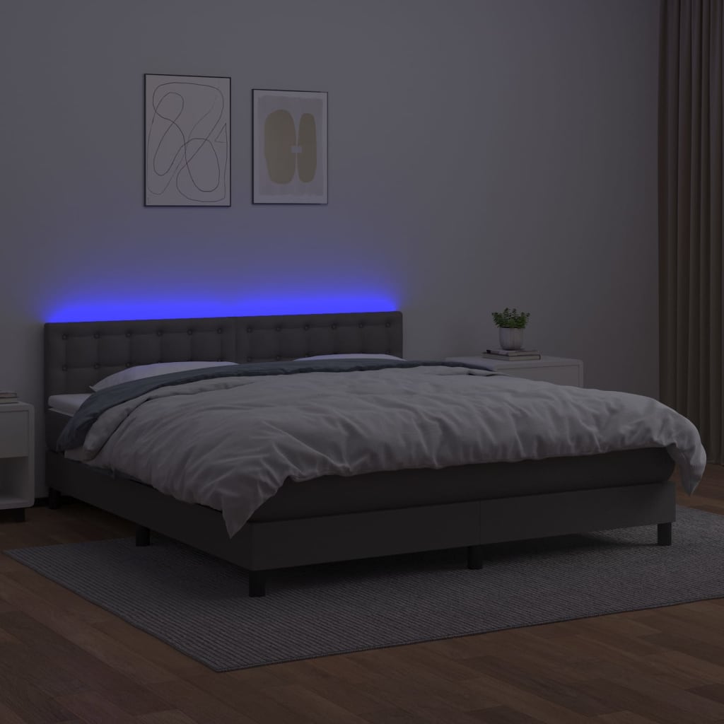 Krevet box spring s madracem LED sivi 180x200cm od umjetne kože