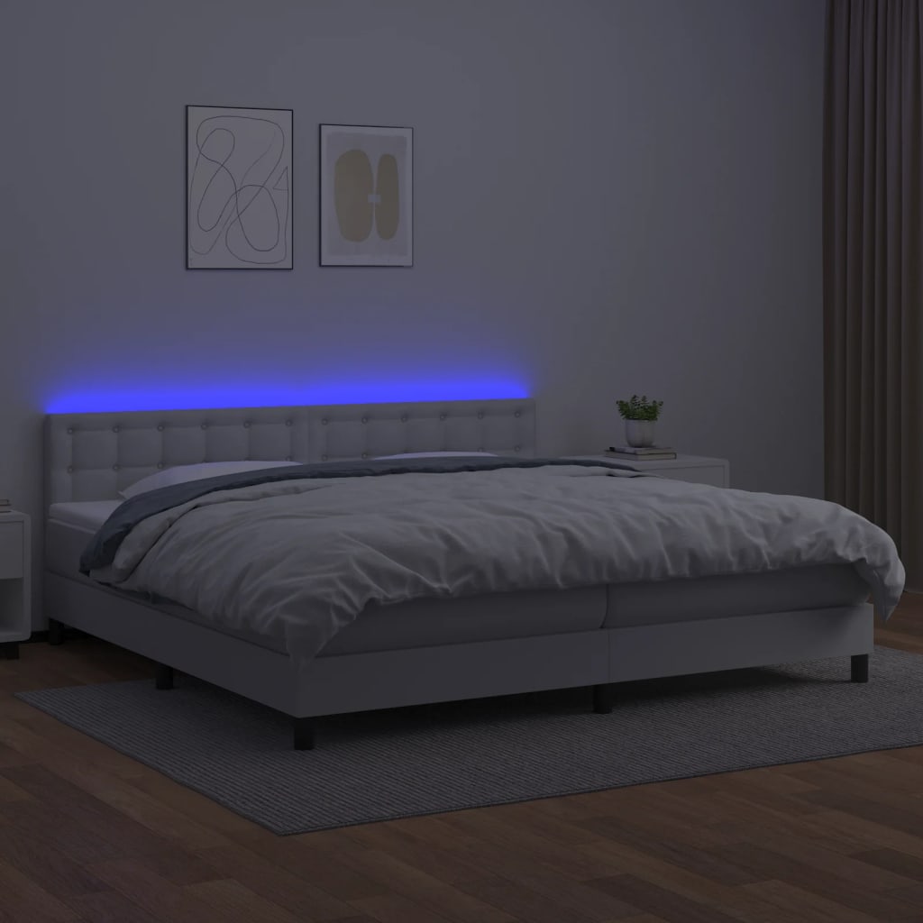 Krevet box spring s madracem LED bijeli 200x200 cm umjetna koža
