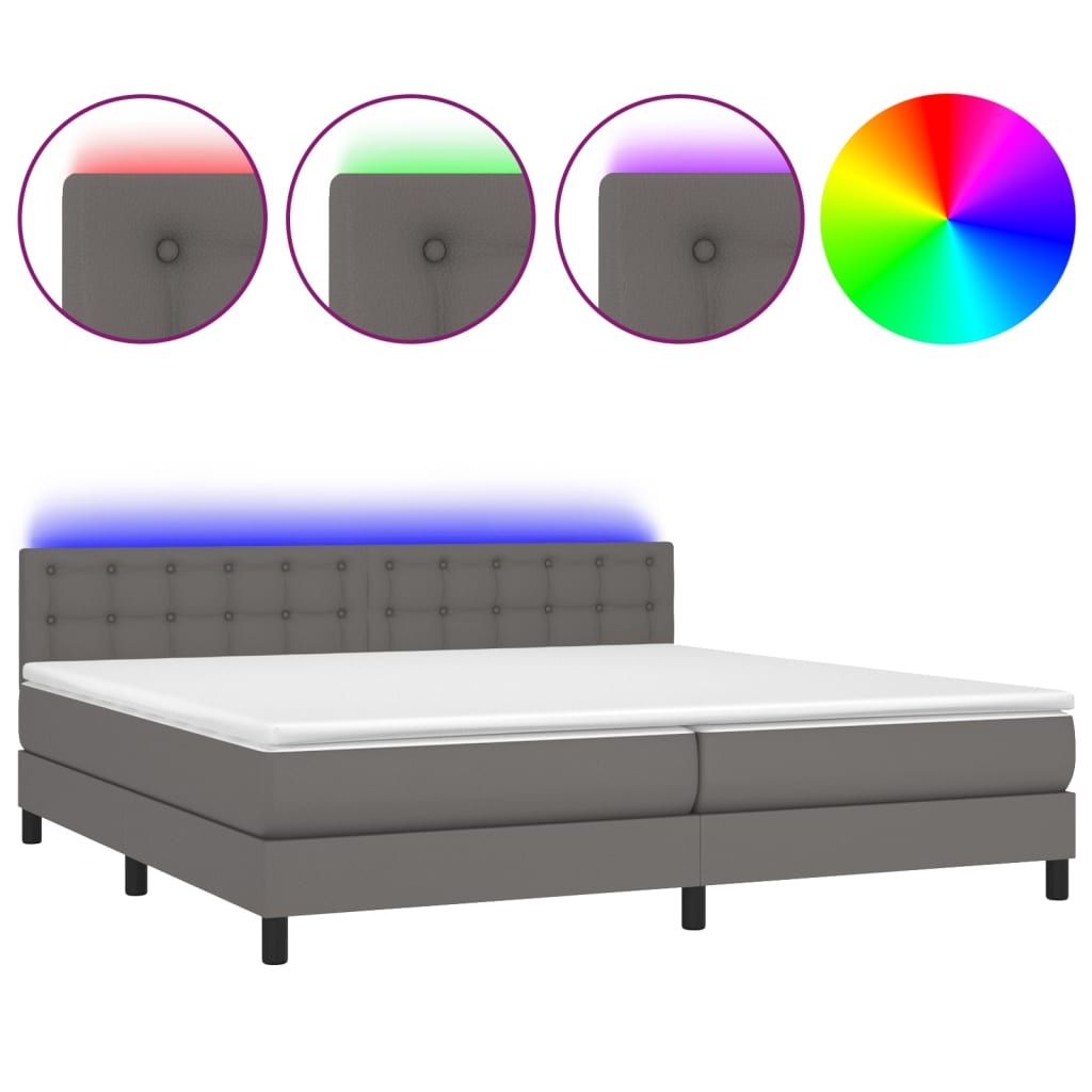 Krevet box spring s madracem LED sivi 200x200cm od umjetne kože