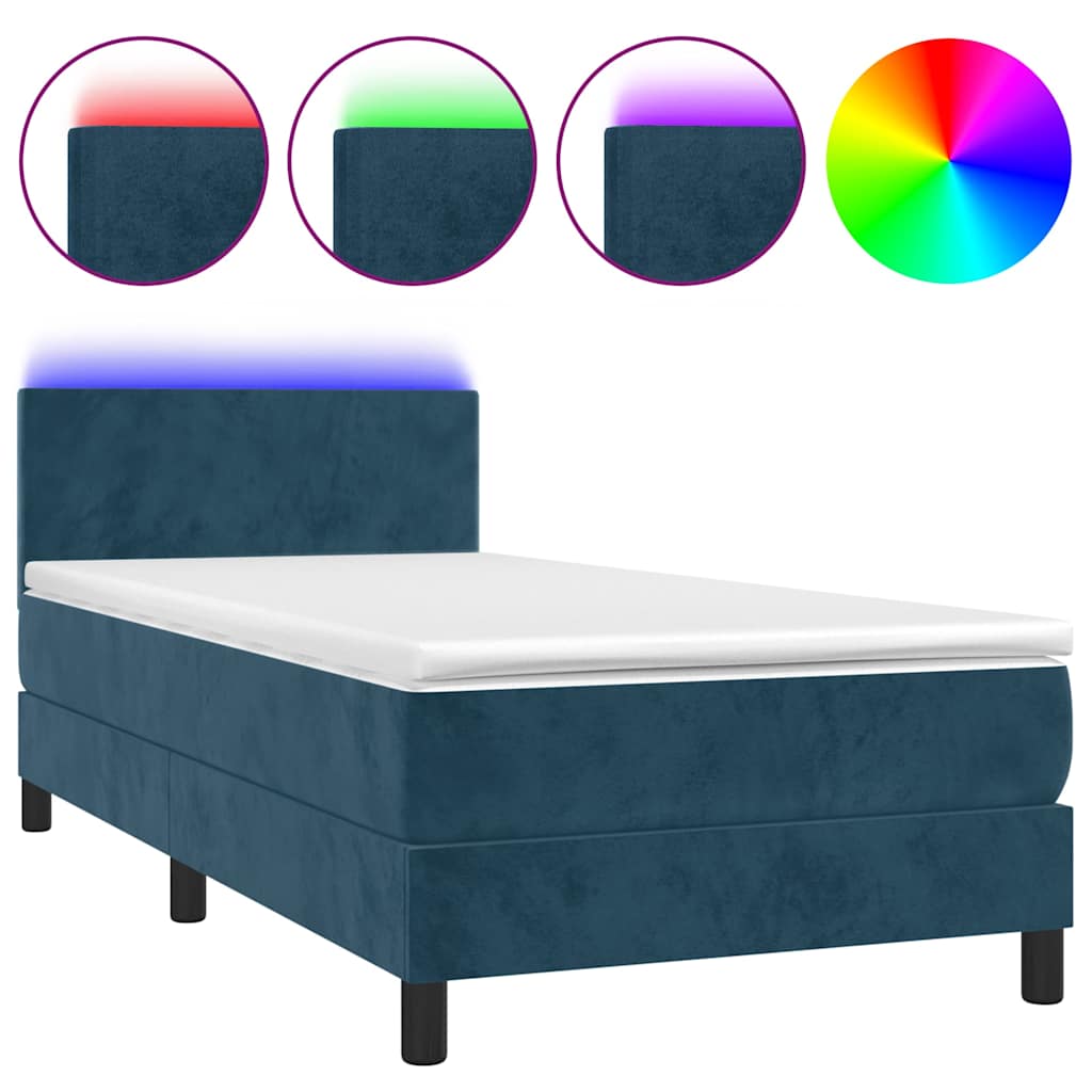 Krevet box spring s madracem LED tamnoplavi 90x190 cm baršun