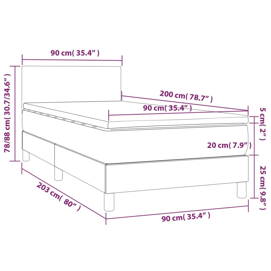 Krevet box spring s madracem LED tamnosivi 90x200 cm baršun
