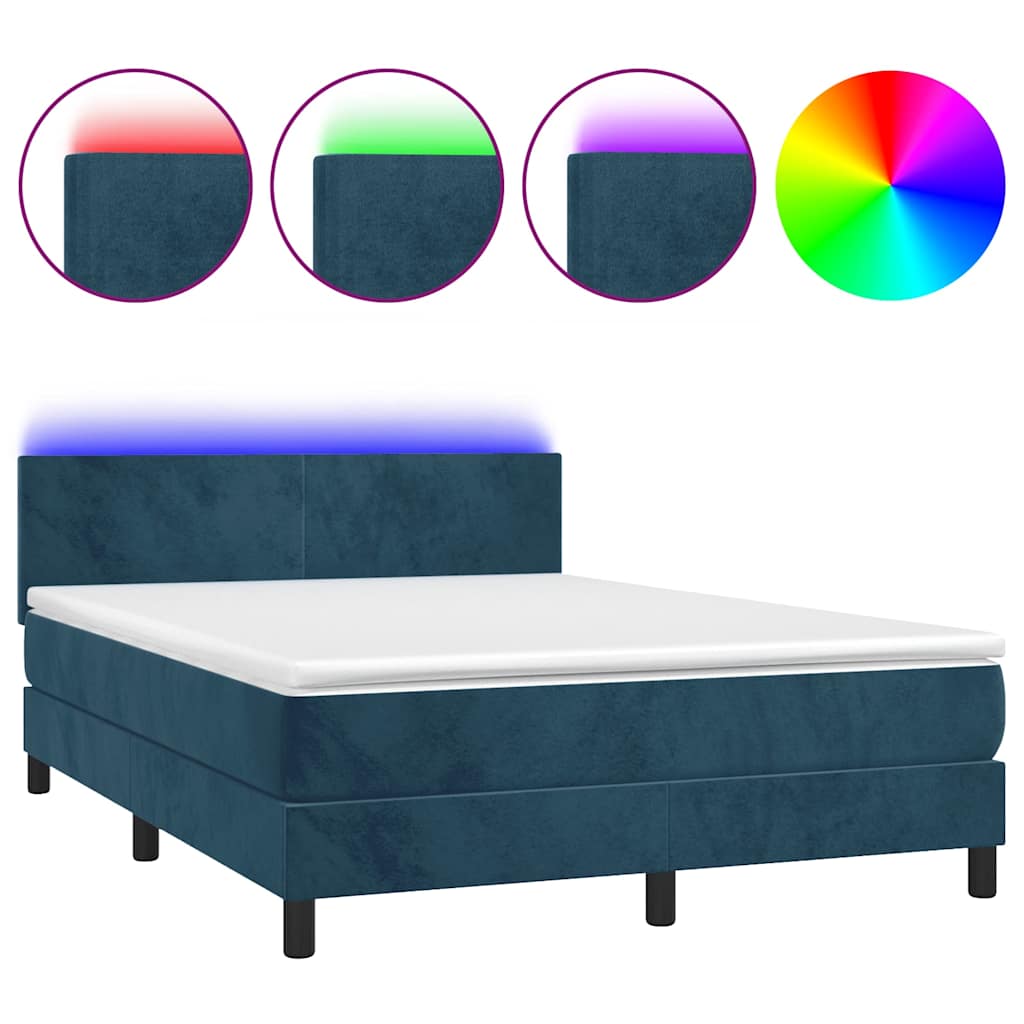 Krevet box spring s madracem LED tamnoplavi 140x190 cm baršun