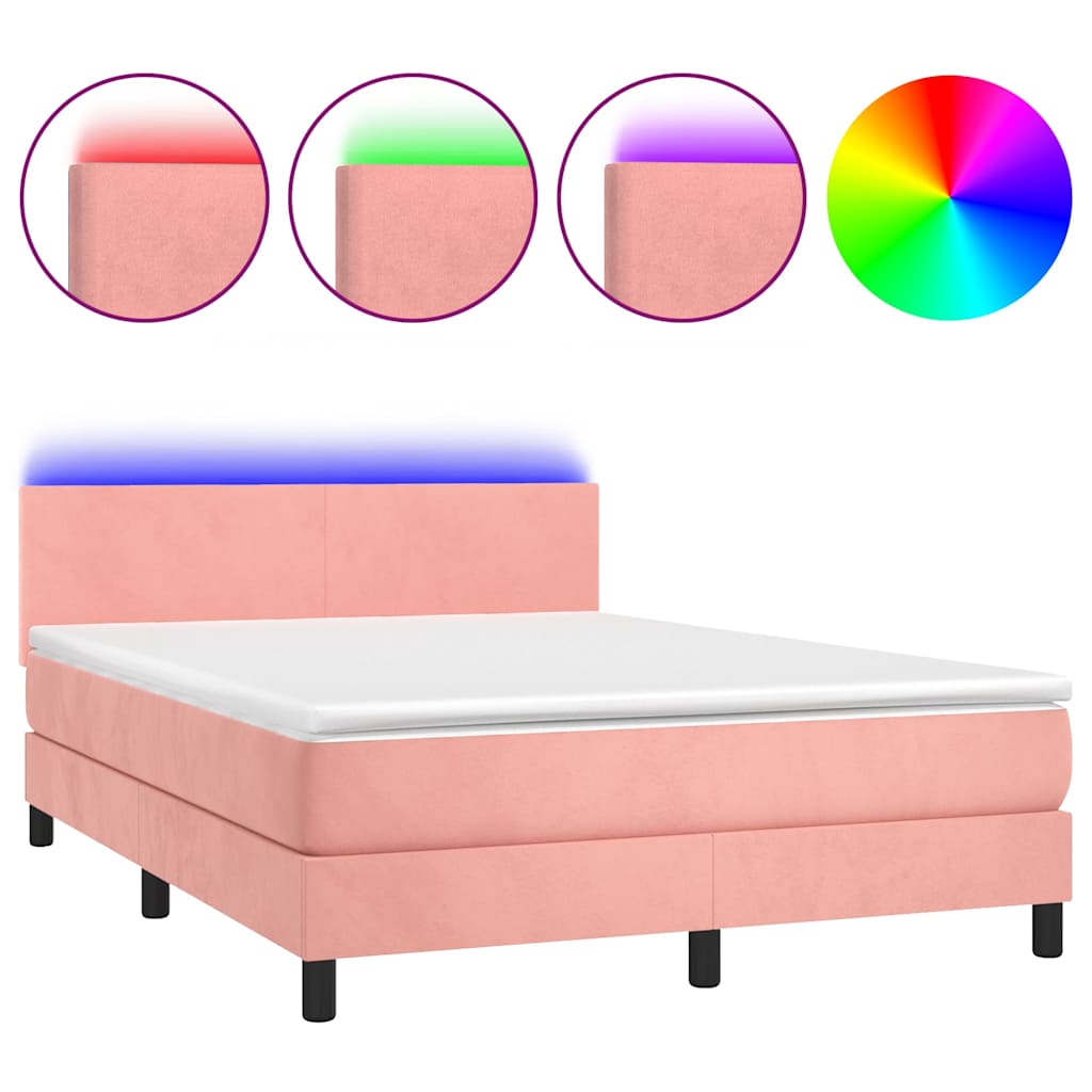Krevet box spring s madracem LED ružičasti 140x190cm baršunasti