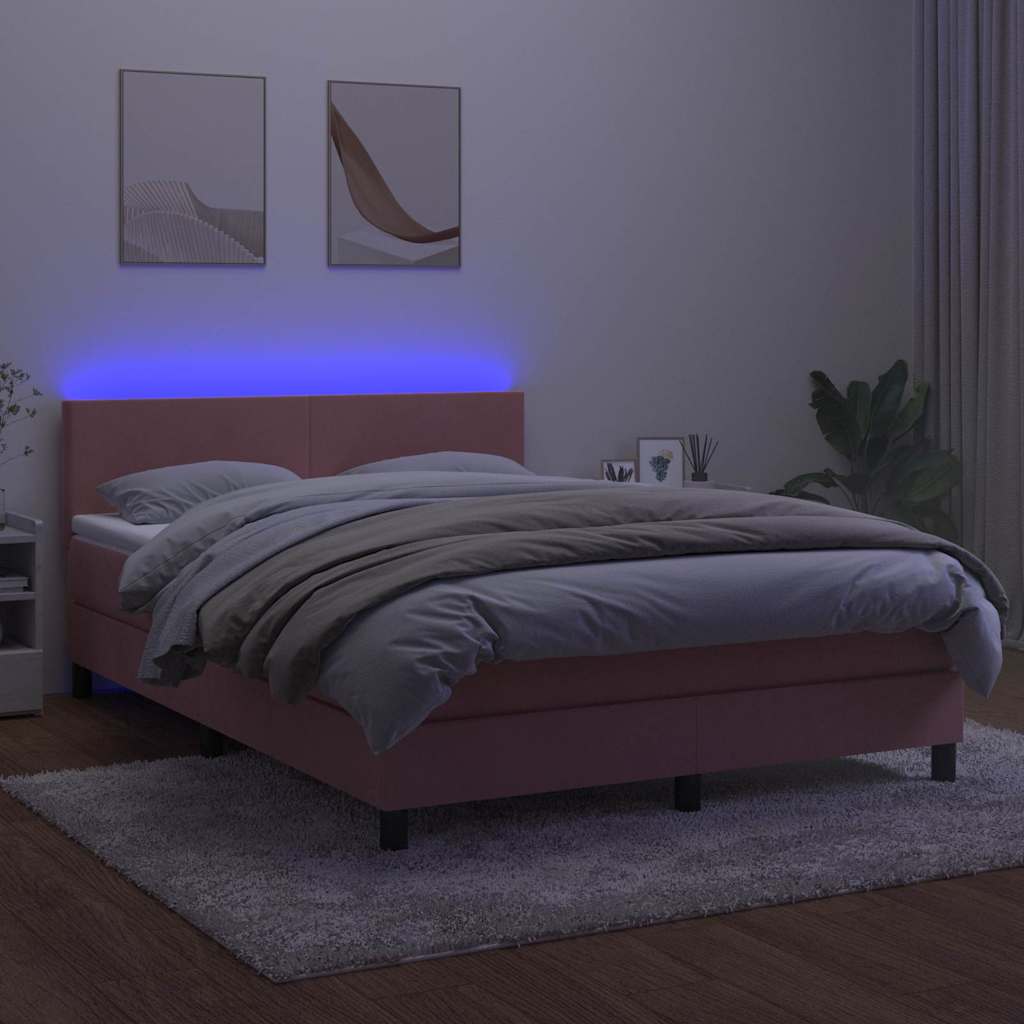 Krevet box spring s madracem LED ružičasti 140x190cm baršunasti