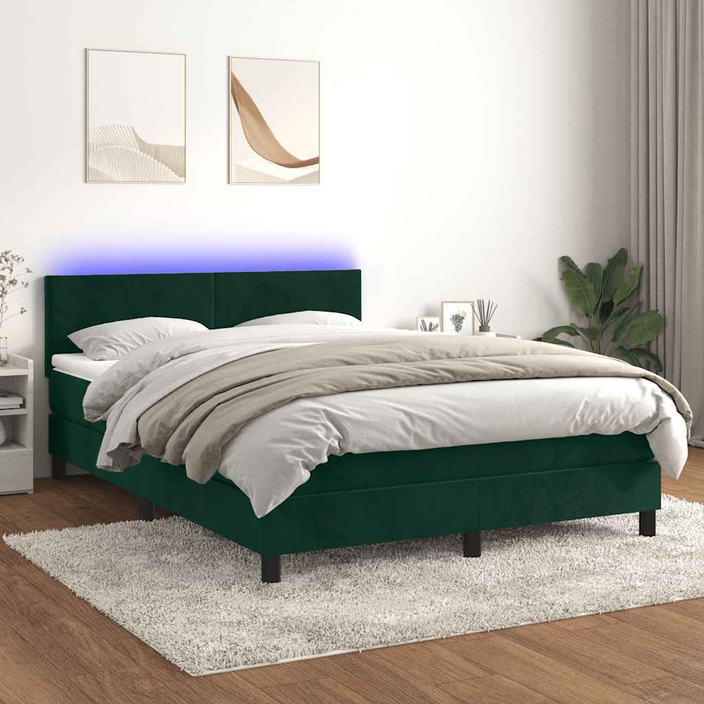 Krevet box spring s madracem LED tamnozeleni 140x200 cm baršun