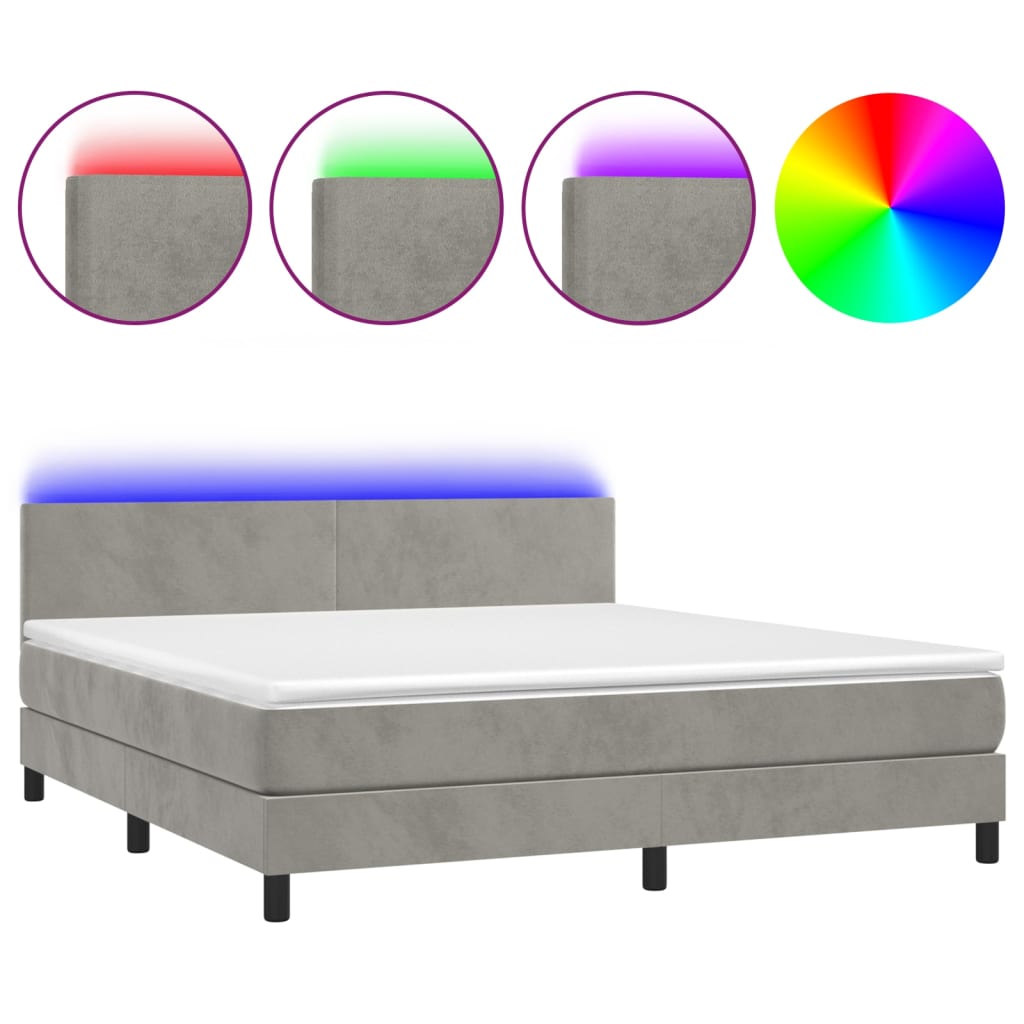 Krevet box spring s madracem LED svjetlosivi 180x200 cm baršun