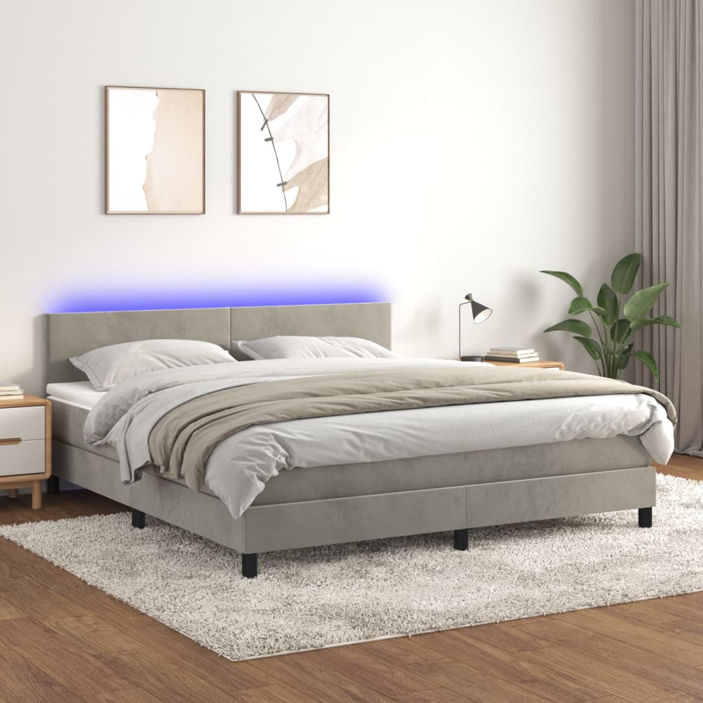 Krevet box spring s madracem LED svjetlosivi 180x200 cm baršun