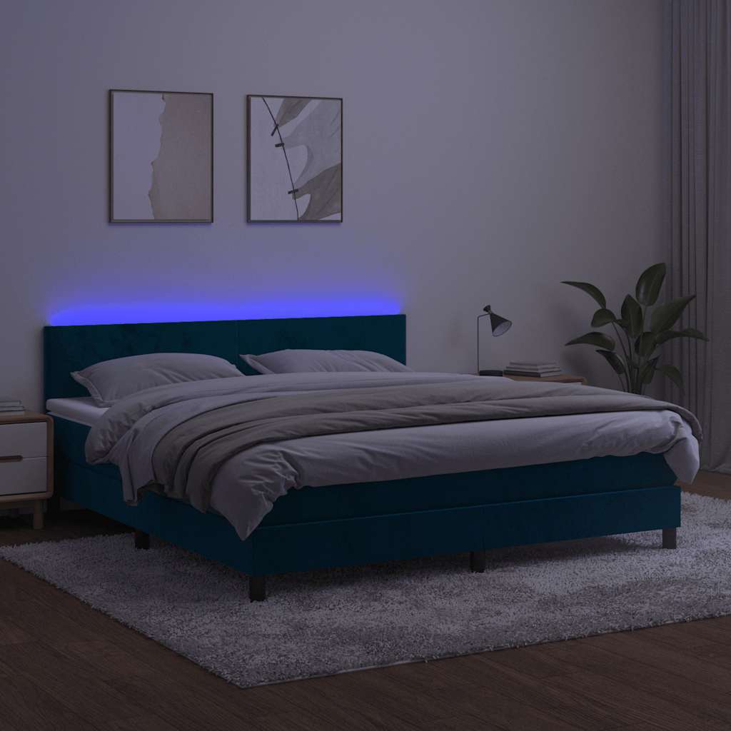 Krevet box spring s madracem LED tamnoplavi 180x200 cm baršun