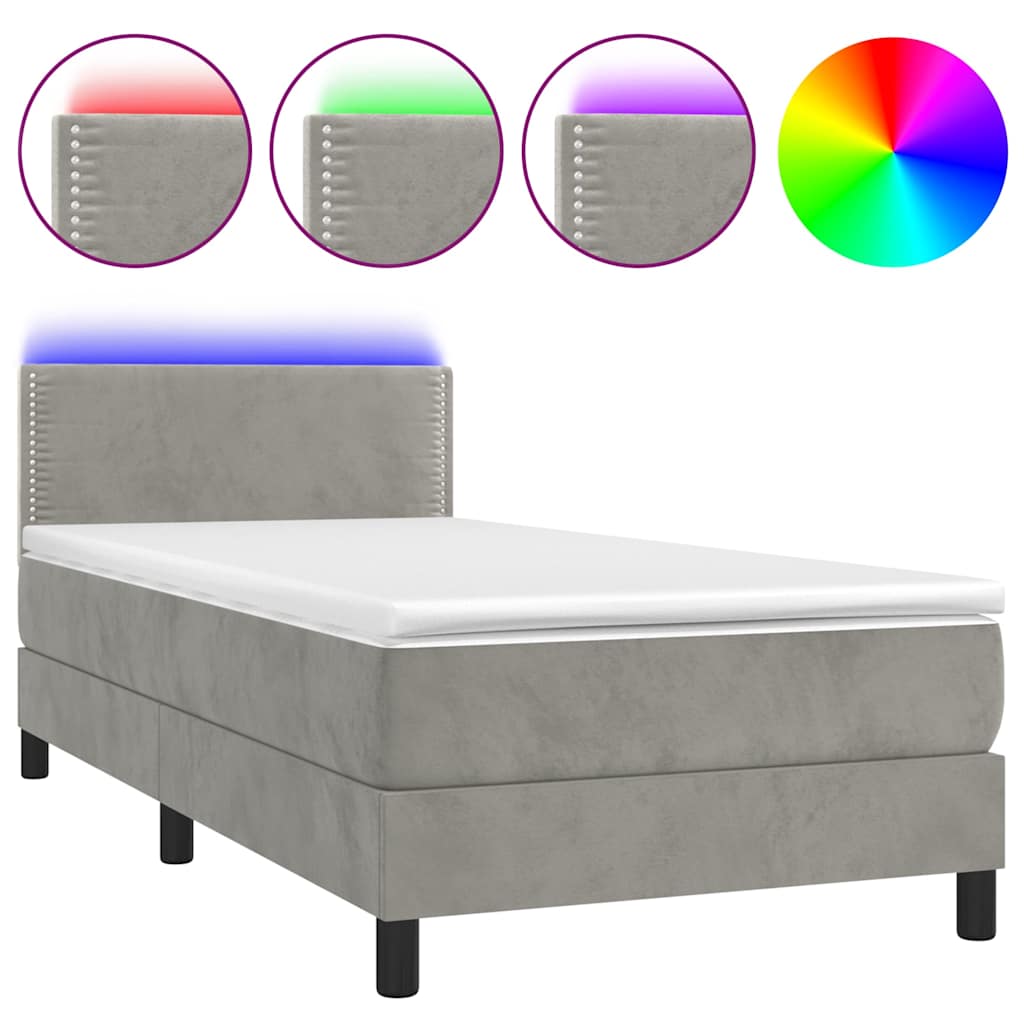 Krevet box spring s madracem LED svjetlosivi 90x190 cm baršun