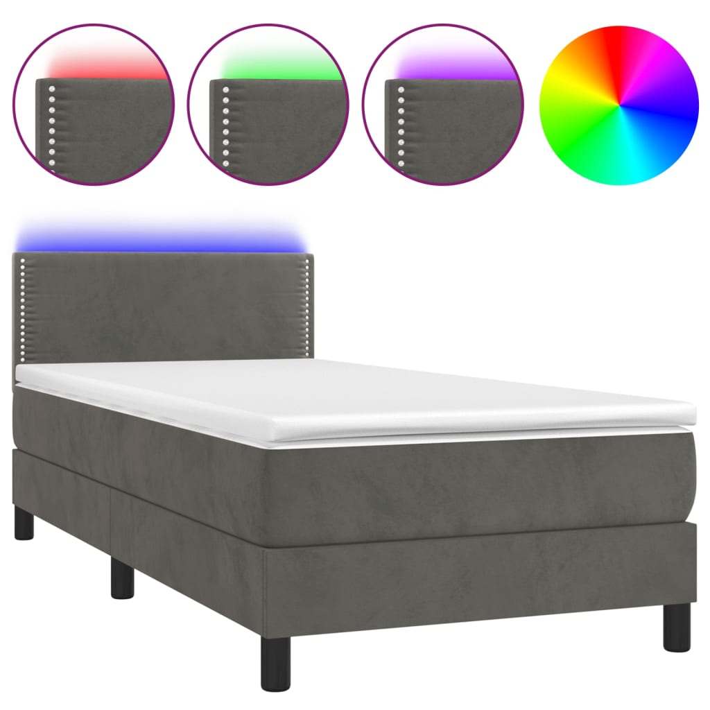 Krevet box spring s madracem LED tamnosivi 90x190 cm baršun