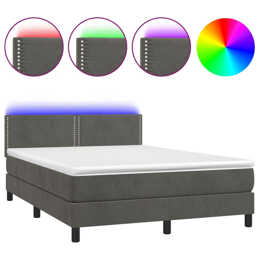 Krevet box spring s madracem LED tamnosivi 140x200 cm baršun
